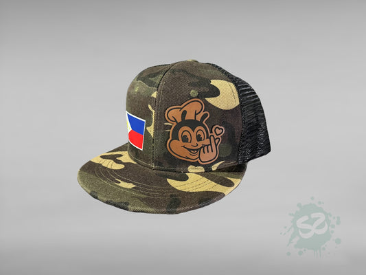 Jollibee leather patch camo mesh cap Philippine Flag Caps Snapback mesh Cap engraved leather Filipino Flag Baseball mesh Cap