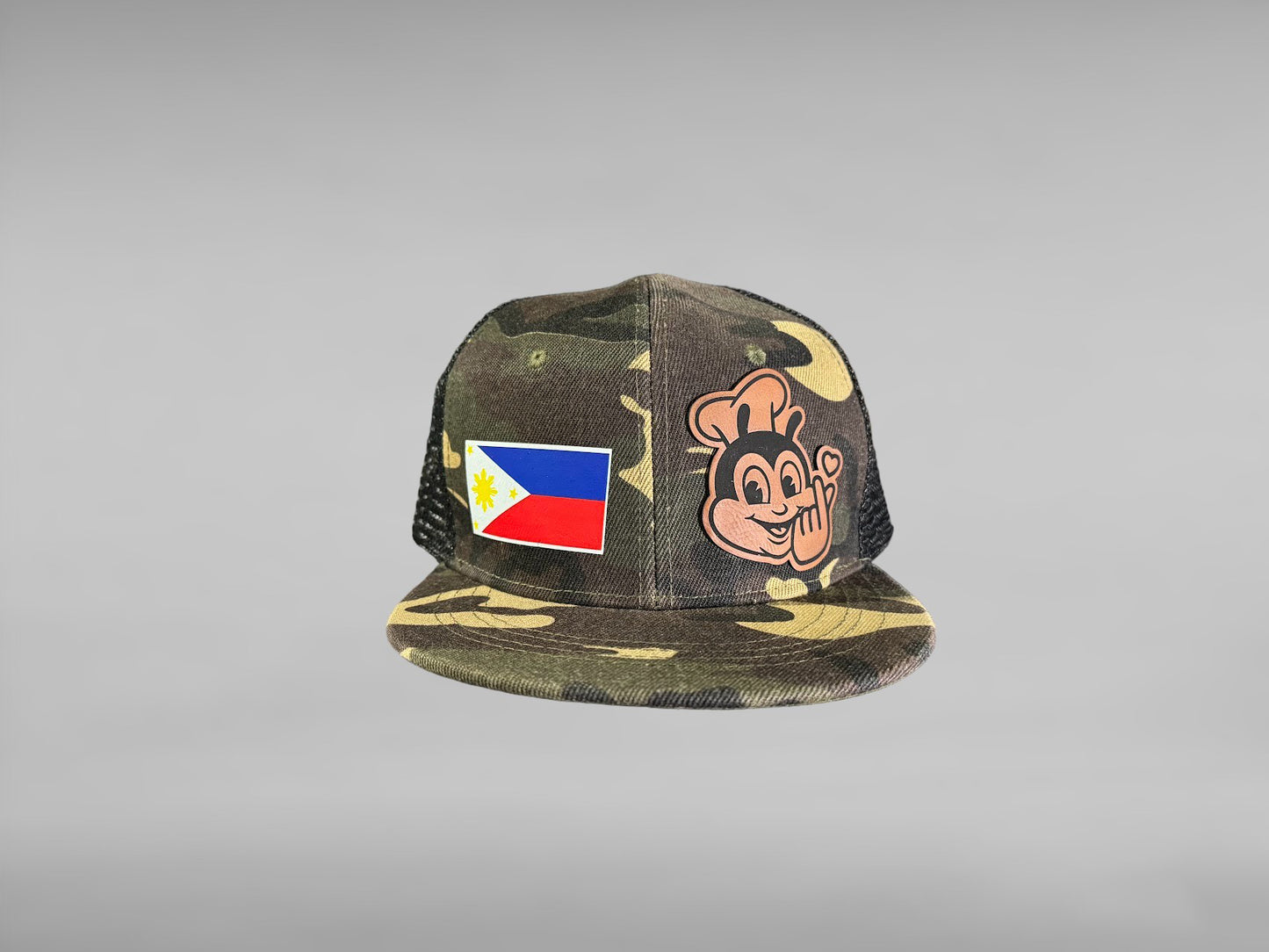 Jollibee leather patch camo mesh cap Philippine Flag Caps Snapback mesh Cap engraved leather Filipino Flag Baseball mesh Cap