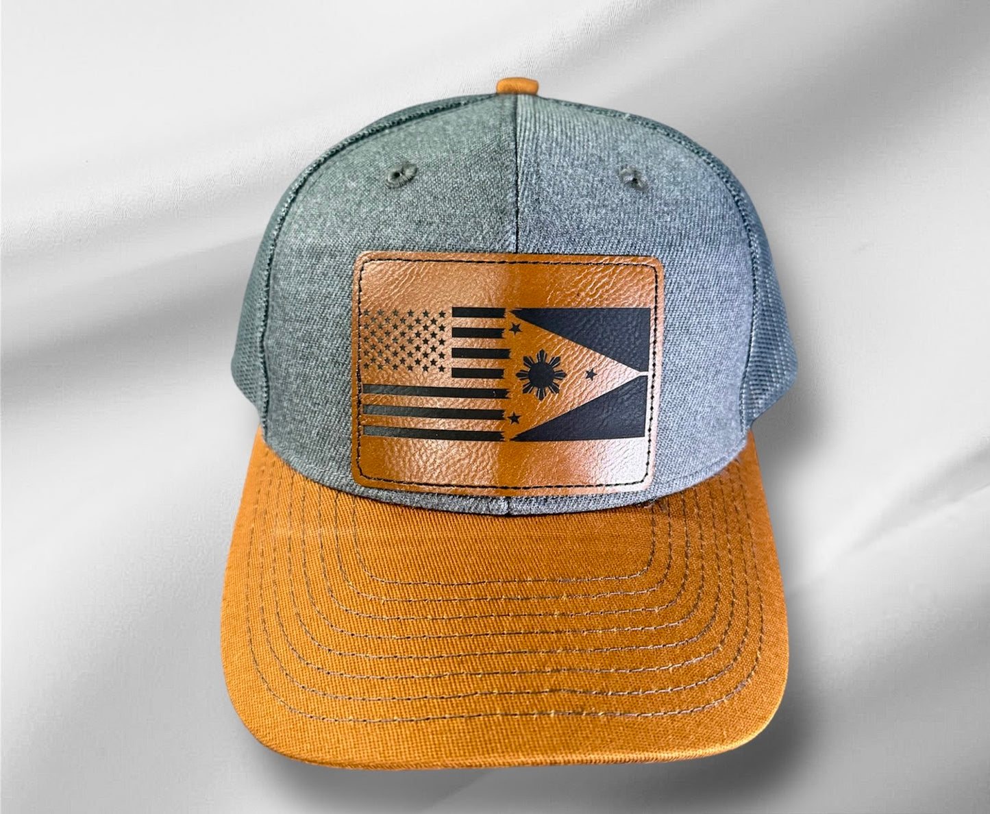 Filipino American Gift Filipino American Flag leather patch caramel gray mesh cap Pinoy Filipino Flag Caps American Flag Filipino Flag Pinas