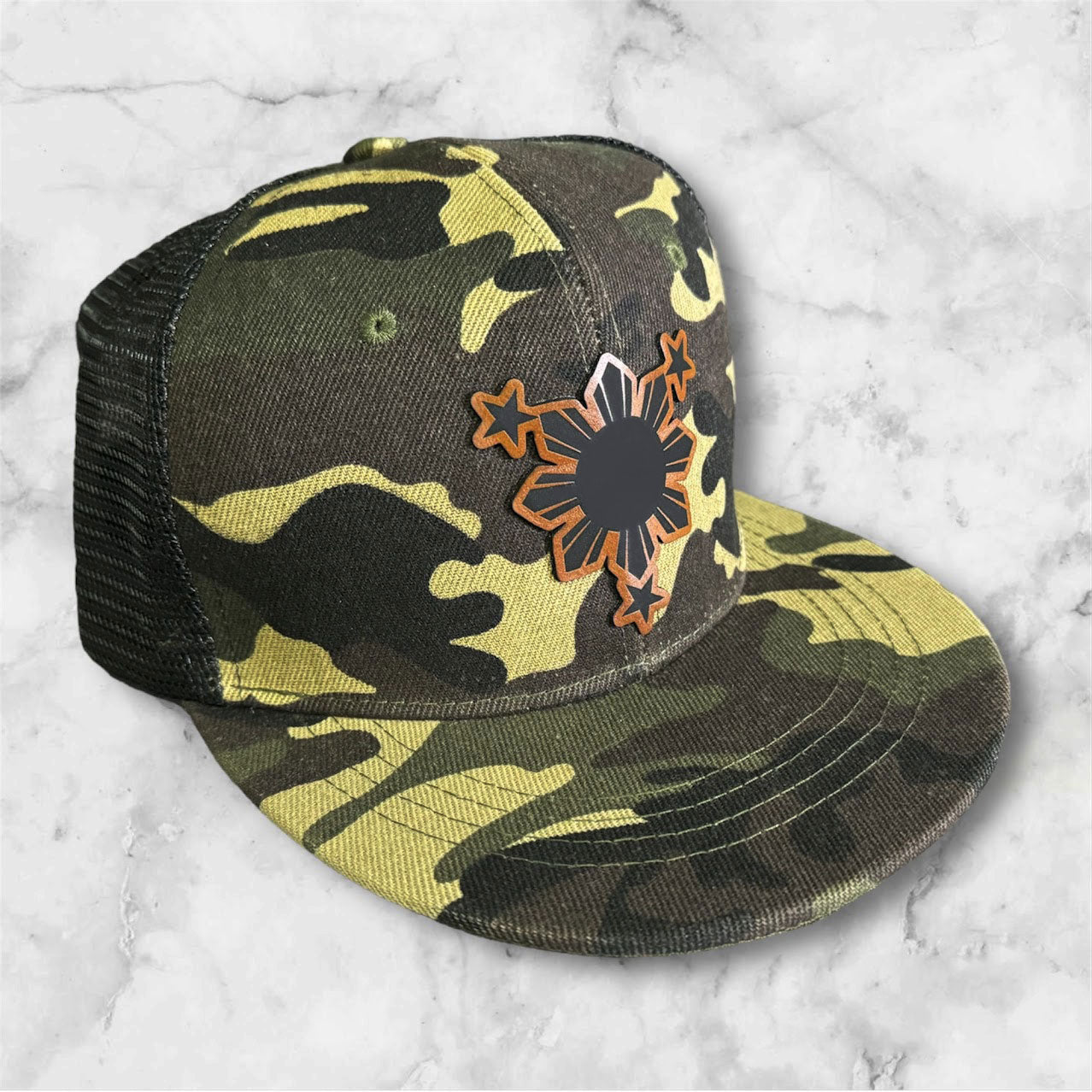 Filipino Gift 3 Stars and Sun engraved leather patch camo mesh cap snapback mesh cap