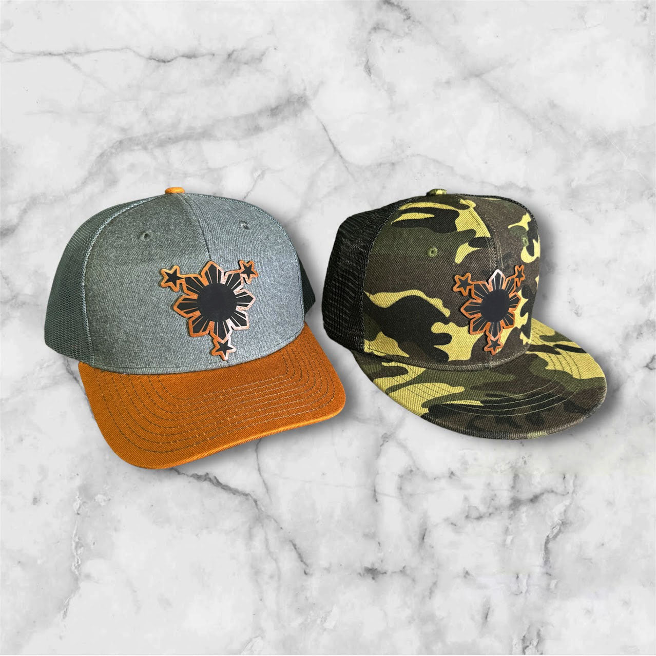 Filipino Gift 3 Stars and Sun engraved leather patch camo mesh cap snapback mesh cap